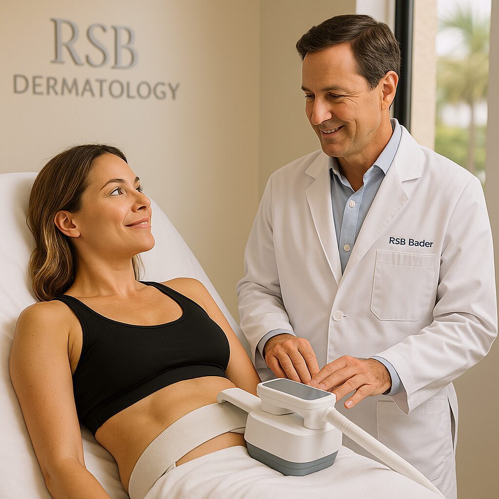 A dermatologist in a white coat labeled "RSB Bader" prepares a device on a female patient's abdomen in a clinic with "RSB Dermatology" signage.